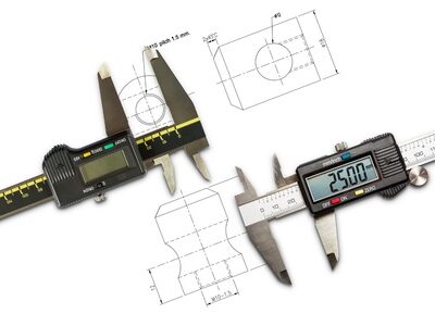 digital vernier calipers, isolated on drawing background